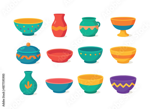 Colorful Ceramic Icons. Tabletop Ceramic Decor. Colorful flat vector icons set of Tabletop Ceramic Decor: centerpiece bowl, ceramic vase, small pot, table