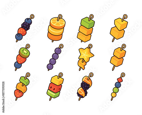 Colorful Fruit Skewers. Fruit skewer designs. Colorful isometric vector icons set of fruit skewer designs: layered berry skewer, citrus stack, melon cube