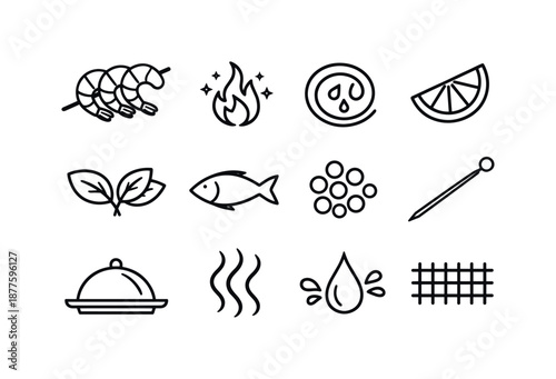 Shrimp Skewers Icons. Shrimp skewers. Line icon set of shrimp skewers: shrimp arc shape, grill spark, marinade swirl icon, citrus wedge outline, herb pair,