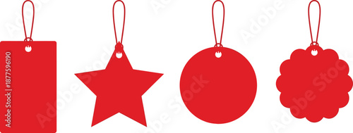 Red hanging price tag shapes set including star circle label flat vector illustration isolated for sale promotion branding design