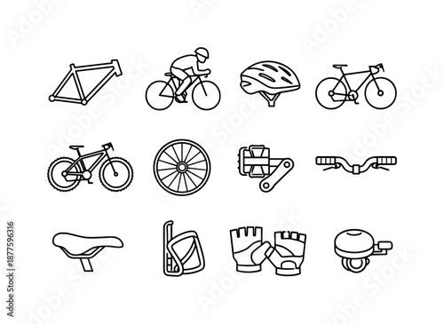 Biking Icon Set. Biking. Line icon set of Biking: bicycle frame, cyclist rider, bike helmet, road bike, mountain bike, bike wheel, pedal crank, handlebar, bike