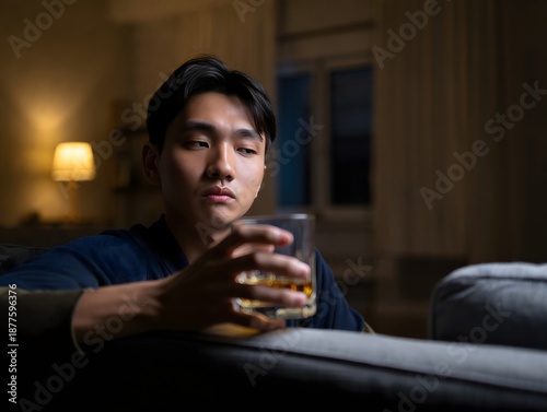 Troubled Man Holding Whiskey in Low Light - Portrait of Asian Male