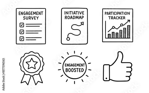 Hand drawn business charts and icons for engagement and participation