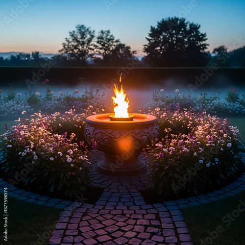 Wallpaper Mural Fire Pit Glow - Evening Ambiance in a Flower-Lined Garden. Torontodigital.ca
