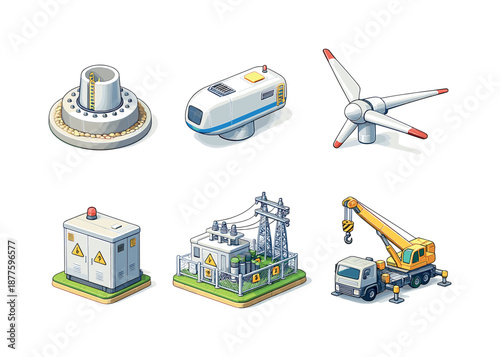 Isometric Wind Power Grid. Wind power infrastructure. Isometric flat vector icons set of wind power infrastructure: turbine foundation base, nacelle housing,