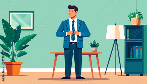 A man in a suit stands in an office with plants, a lamp, and a bookshelf