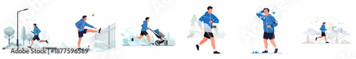Running and Jogging Activities Set: Man Stretching, Training, Tracking Distance with Smartwatch, Pushing Stroller, and Experiencing Fatigue.