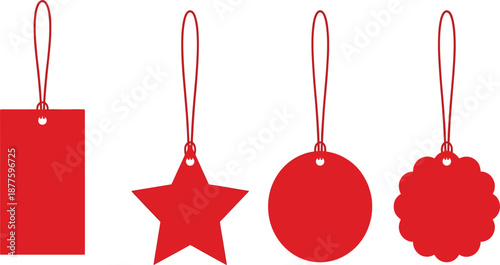 Red hanging price tag shapes including rectangle star circle scalloped labels flat vector illustration isolated for sale promotion branding design