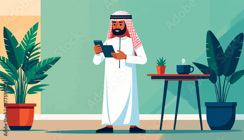 A man in traditional attire holds a digital device in a modern, plant-filled interior
