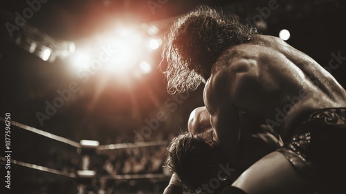 Wrestling Match in Ring: Capturing the raw energy of athleticism and determination, the photo captures a wrestling match, a display of strength, skill, and the thrill of competition.