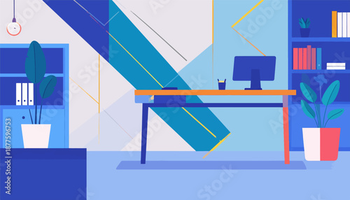 A minimalist, geometric illustration of a modern office space with a desk, computer, plants, and bookshelves