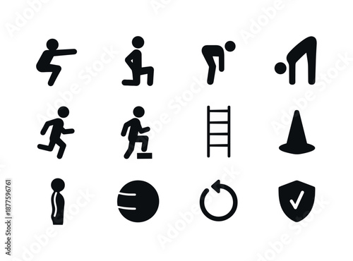 Fitness Icon Set. Fitness assessments and body measurements. Solid icon set of movement assessments: squat form silhouette, lunge symbol, hinge icon, balance