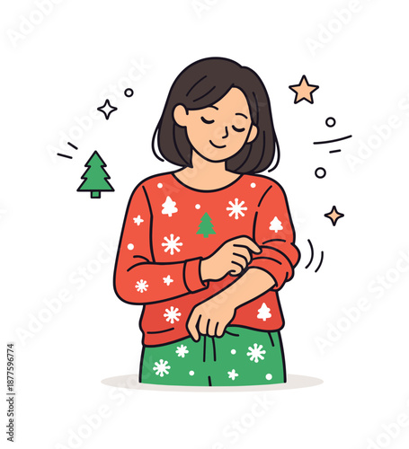 Cozy Holiday Portrait. Wearing holiday pajamas cozy portrait. Single person adjusting pajama sleeves or holding a mug, calm smile and relaxed stance. Personal