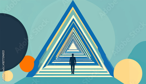 A lone figure walks through a vibrant, geometric tunnel toward a distant light