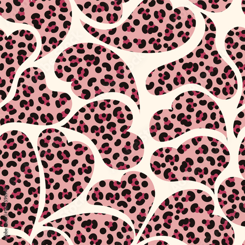 Seamless love heart pattern combined with leopard animal print, ideal for fashion, Valentine designs, and bold decorative backgrounds.
