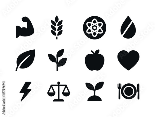 Nutritional Icon Grid. Nutritional icons. Solid icon set of Nutritional icons: protein symbol, fiber symbol, iron symbol, low fat symbol, vegan symbol,