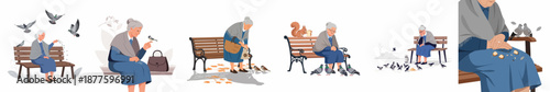 Elderly Woman Feeding Birds and Wildlife on a Park Bench Illustration Set, Depicting Scenes of Aging, Solitude, and Connection to Nature.