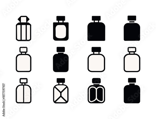 Perfume Bottle Icons. Perfume bottle. Icon set. Set Logo of Perfume bottle: minimalist cylindrical bottle. harmonious logo variations of the same emblematic