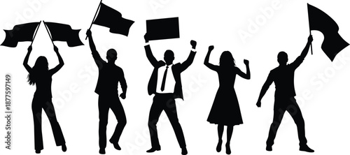 People Silhouettes Protesting With Flags and Signs Set for Activism, Demonstration, Rally, Celebration, and Cad Drawing Flat Vector Illustration