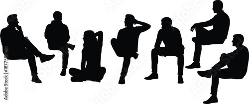 People Silhouettes Sitting and Relaxing Set Featuring Men and Women in Casual Poses, Conversation, Leisure, and Cad Drawing Flat Vector Illustration