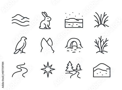 Winter Animal Icons. Snowy landscapes with animals in winter habitats. Line icon set of snowy landscapes with animals in winter habitats: snow ridge layers,