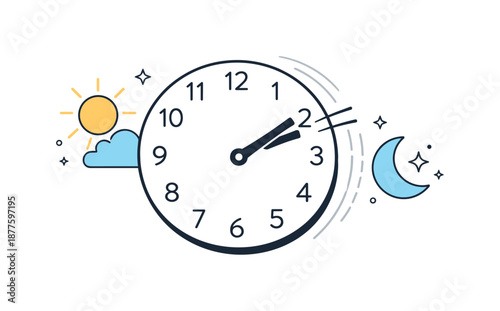 Time's Gentle Transition. Time change concept. A clock face gently shifting with sun and moon icons around it. Calm transition and awareness of time passing,