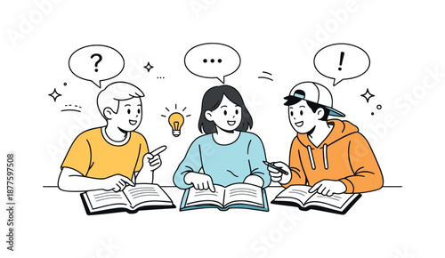Study Group Collaboration. Teenagers studying together. Students discussing homework with open books and speech bubbles. Friendly collaboration and peer
