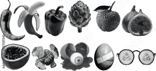 Halftone Retro Collage of Exotic Fruits, Vegetables and Everyday Objects in Vintage Pop Art Style