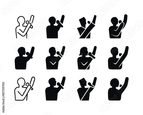 Concert Icon Collection. Singing at live performances and concerts. Icon set. Set Logo of Singing at live performances and concerts: singer with raised hand.