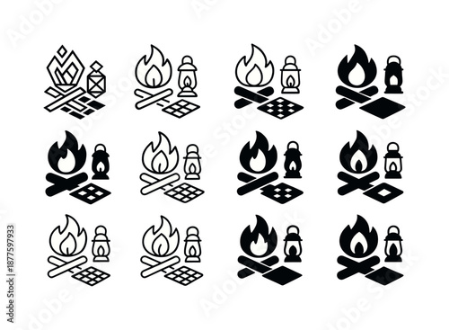 Bonfire Logo Variations. Bonfires and outdoor gatherings. Icon set. Set Logo of bonfires and outdoor gatherings: picnic blanket with lantern. harmonious logo