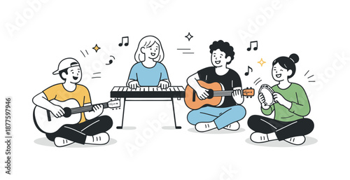Joyful Jamming Session. Friends playing musical instruments jam. Friends improvising with guitars, keyboard, and light percussion. Spontaneous music-making and