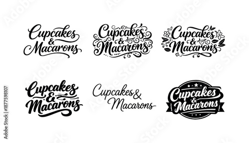 Cupcake Lettering Variations. Cupcakes and macaronsBeautiful script headers. Set lettering. harmonious lettering variations of the same emblematic concept,