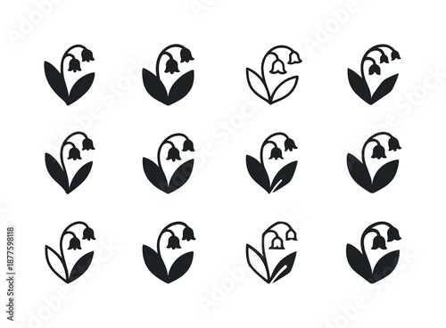 Lily of the Valley Icons. birth flowers. Icon set. Set Logo of birth flowers: lily of the valley (May). harmonious logo variations of the same emblematic