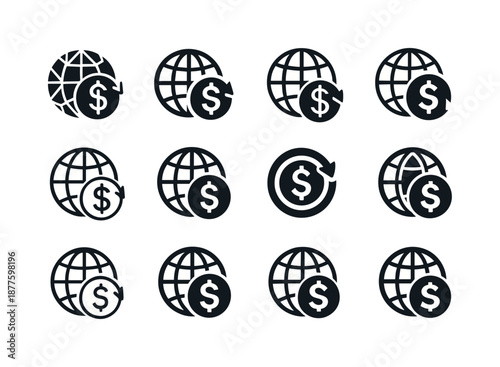 Passive Income Icon Set. passive income streams remotely. Icon set. Set Logo of passive income streams remotely: globe with recurring dollar arrow. harmonious
