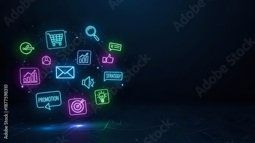 Wallpaper Mural Digital marketing neon icons floating on dark background with glowing effects for business technology presentations and web design projects. Torontodigital.ca