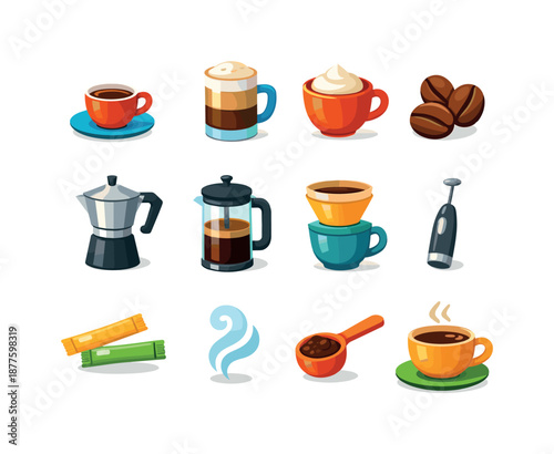 Coffee Icon Collection. Coffee Moments. Colorful flat vector icons set of Coffee Moments: espresso cup, latte mug, cappuccino foam crest, coffee beans, moka