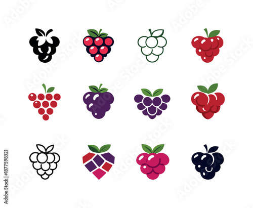Jam Logo Variations. Jam. Icon set. Set Logo of Jam: berry cluster. harmonious logo variations of the same emblematic concept, each with different artistic