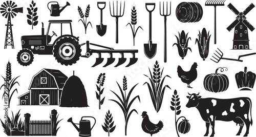 Farm icons and tools on white background illustration set