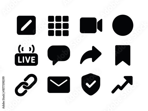 Social Media Icon Set. Social media icons. Solid icon set of social media icons: post icon, feed grid, video clip, story circle, live stream icon, comment
