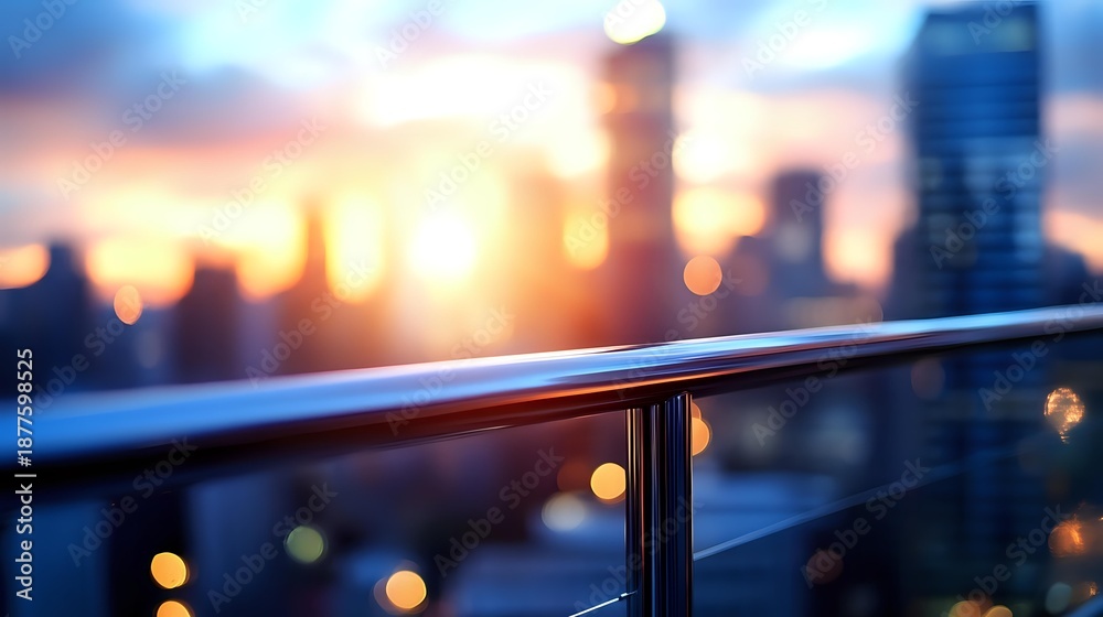 Fototapeta premium Modern glass railing with metal handrail on urban balcony or terrace overlooking blurred city skyline at sunset with warm bokeh lights and golden hour glow.