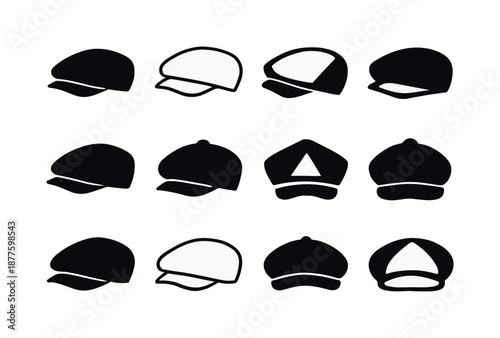 Newsboy Cap Icons. Newsboy cap. Icon set. Set Logo of Newsboy cap: Oversized brim cap: Iconic shape, Stylized detail, Negative space, Flat solid, Filled