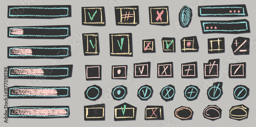 Hand-drawn check marks and cross icons in sketch style. Doodle tick boxes, circles, and pencil symbols for lists and voting designs. Grunge chalk crayon scribbles doodles textures. Rough strokes.