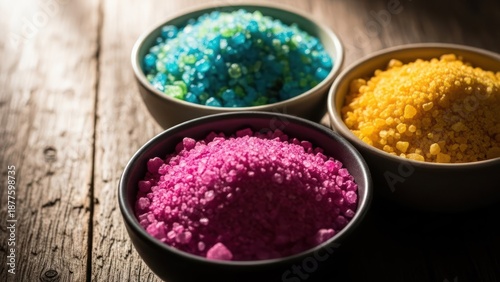 Close-up of three bowls filled with vibrant, colorful, textured bath salts on wood