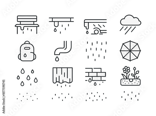 Rainy Day Icons. Rainy Day. Line icon set of rainy day: dripping bench seat, wet handrail, splash from car tire, cloud with sideways rain, damp backpack strap,
