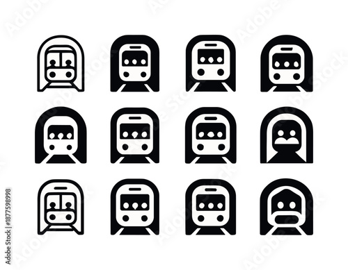 Subway Logo Variations. A subway train moving through underground tunnels, with passengers inside. Icon set. Set Logo of a subway train moving