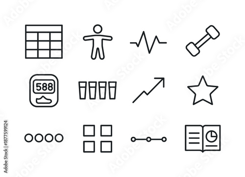 Fitness Journal Icons. Journal. Line icon set of journal: fitness journal grid, workout icon, heart rate line, dumbbell sketch, step counter, water intake row,
