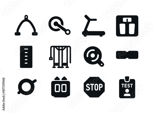 Gym Testing Equipment Icons. Fitness assessments and body measurements. Solid icon set of gym testing equipment: rowing handle, bike crank, treadmill belt,