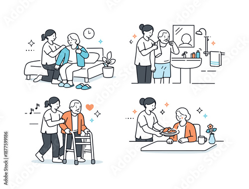 Elderly Care Routine. Elderly care daily routine. Caregiver assisting with everyday activities in a calm setting. Comfort, dignity, and steady support.