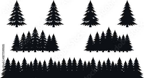 Pine tree silhouettes set featuring evergreen forest landscapes borders isolated nature woodland black vector illustration collection design graphic elements pack