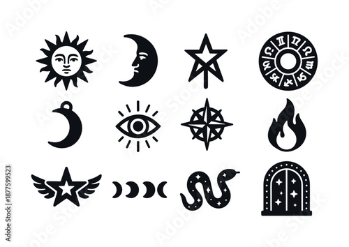 Mythical Celestial Icons. Mythical celestial symbols. Solid icon set of mythical celestial symbols: sun face, moon face, star rune, zodiac wheel, crescent